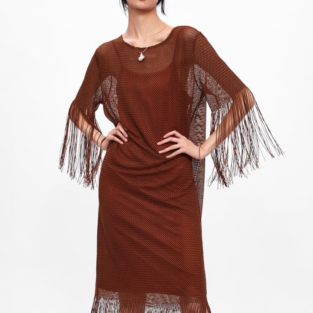 ZARA Textured Midi Fringe Dress